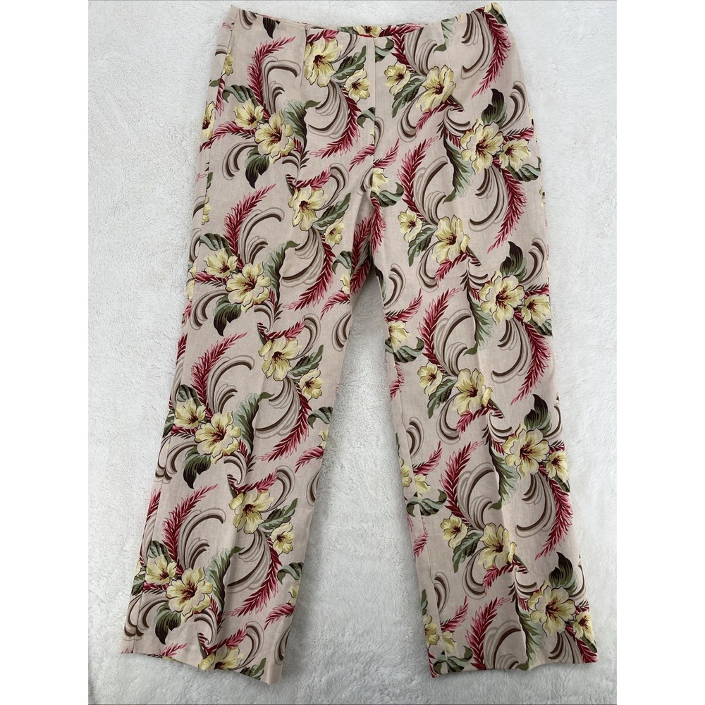 OSCAR DE LA RENTA Linen Pants SZ 14 Beige Tropical Print Lined Boho Resort